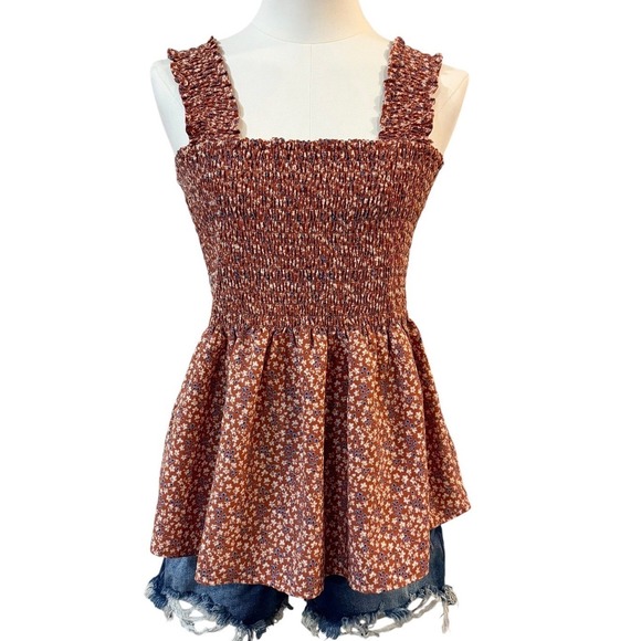 Pleione Tops - Smocked Ditsy Floral Peplum Tank Top Rust Brown Medium Cottagecore Prairie Boho